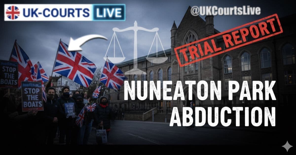 Thumbnail for Nuneaton park rape trial at Warwick Crown Court. Features trial branding, Scales of Justice, and black gradient for portrait insertion.