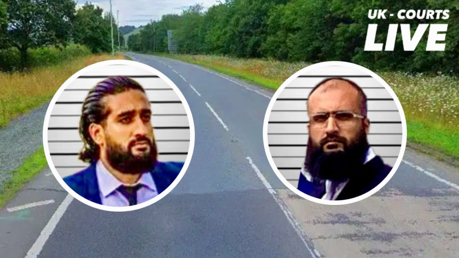 Headshot photos of defendants outside court, against a backdrop of fatal crash site. 