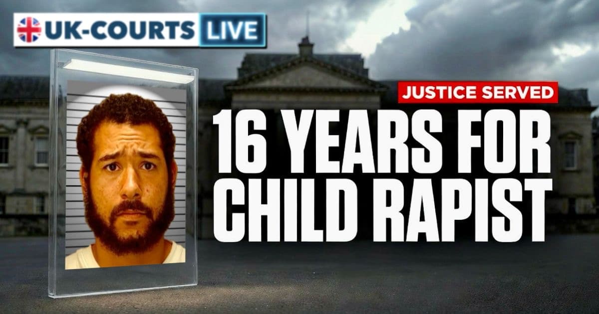 Professional cinematic 8k broadcast news graphic thumbnail featuring courthouse exterior. To the left, a vertical 9:16 portrait-ratio glass frame integrated into the shot, featuring a striking custom enhanced custody portrait of perpetrator, captured against an iconic police suspect photo lines background.  To the right of this, bold news headline text: 16 YEARS FOR CHILD RAPIST