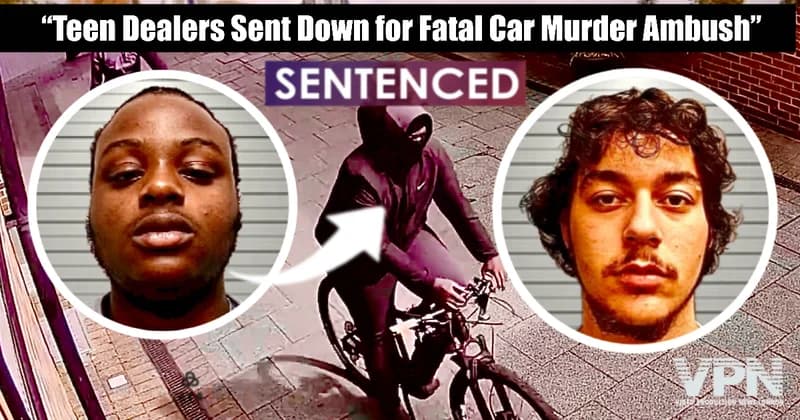Mugshots of Shamiah McKenzie and Codee Godfrey flank CCTV of a hooded figure on a bicycle, used in the fatal ambush of Abdul Jalloh in Tower Hamlets, London.