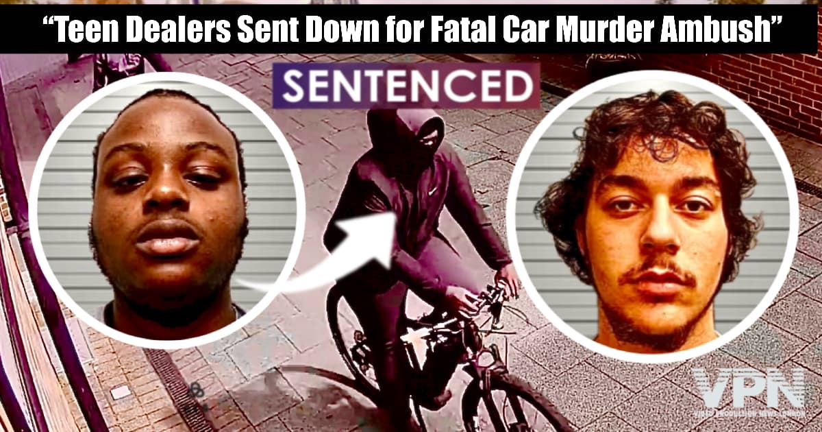 Mugshots of Shamiah McKenzie and Codee Godfrey flank CCTV of a hooded figure on a bicycle, used in the fatal ambush of Abdul Jalloh in Tower Hamlets, London.