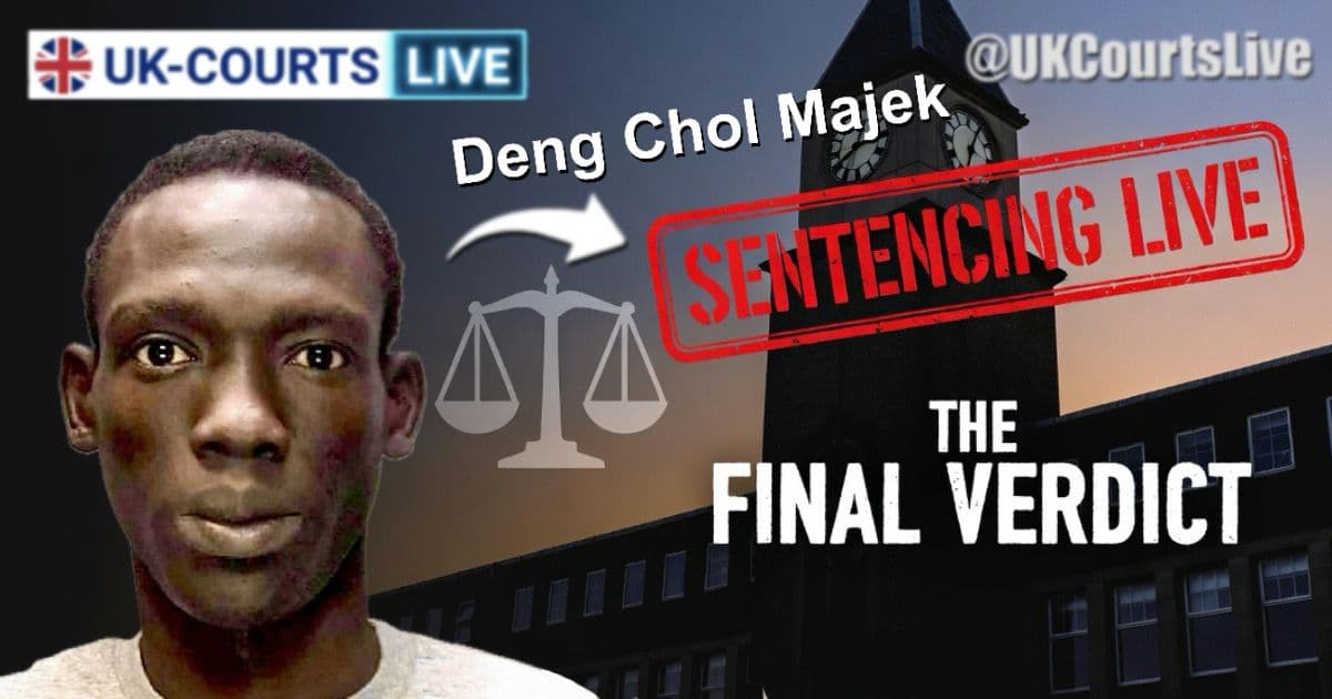 16:9 thumbnail for the Deng Chol Majek sentencing at Wolverhampton Crown Court, featuring his portrait, the UK-COURTS LIVE logo, and a "SENTENCING LIVE" stamp.