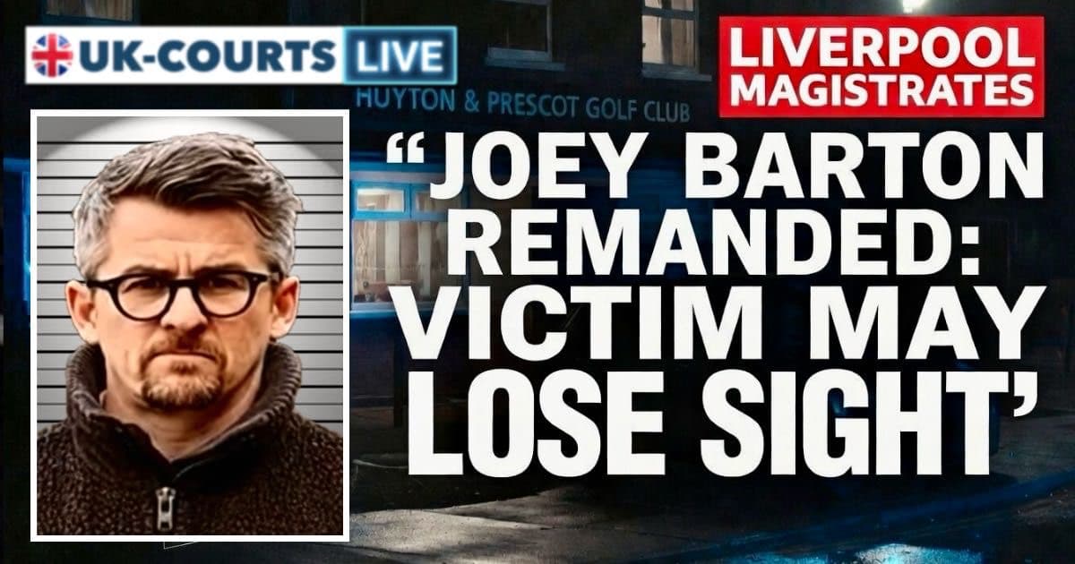 16:9 ultra-wide cinematic breaking news graphic, professional broadcast aesthetic. Asymmetric composition.  Left third: a tall, high-tech vertical 9:16 glass frame designed as a placeholder for a custody image of Joey Barton, with subtle reflections, glowing edges, and modern broadcast graphics styling.  Background: photorealistic, desaturated high-contrast nighttime view of the Huyton & Prescot Golf Club entrance, Liverpool. Wet pavement and clubhouse windows reflecting blue police emergency lights, creating a tense crime-scene atmosphere. Shallow depth of field, dramatic lighting.  Right side overlay: huge bold white sans-serif tabloid headline text reading:  “REMANDED: VICTIM MAY LOSE SIGHT”  Clean broadcast typography, highly legible for mobile.  Top-right corner: bright red news badge with bold white text reading “LIVERPOOL MAGISTRATES”, styled like a breaking-news location tag.  Overall style: photorealistic, cinematic lighting, gritty investigative news tone, ultra-sharp detail, 8K realism, professional UK broadcast news thumbnail design.  Aspect ratio 16:9.