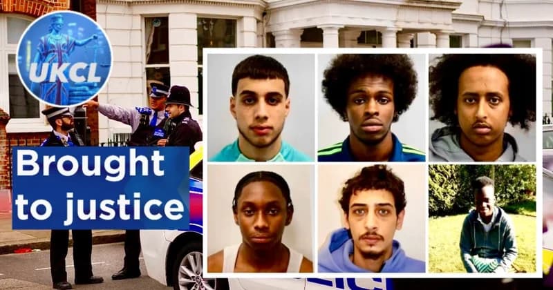 Crime scene with inset photo of the victim and all five adult perpetrators of the six convicted individuals.