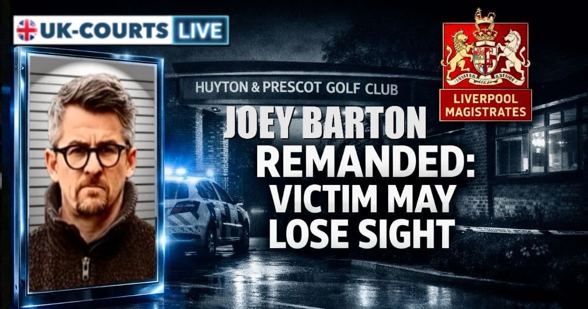 16:9 ultra-wide cinematic breaking news graphic, professional broadcast aesthetic. Asymmetric composition.  Left third: a tall, high-tech vertical 9:16 glass frame designed as a placeholder for a custody image of Joey Barton, with subtle reflections, glowing edges, and modern broadcast graphics styling.  Background: photorealistic, desaturated high-contrast nighttime view of the Huyton & Prescot Golf Club entrance, Liverpool. Wet pavement and clubhouse windows reflecting blue police emergency lights, creating a tense crime-scene atmosphere. Shallow depth of field, dramatic lighting.  Right side overlay: huge bold white sans-serif tabloid headline text reading:  “REMANDED: VICTIM MAY LOSE SIGHT”  Clean broadcast typography, highly legible for mobile.  Top-right corner: bright red news badge with bold white text reading “LIVERPOOL MAGISTRATES”, styled like a breaking-news location tag.  Overall style: photorealistic, cinematic lighting, gritty investigative news tone, ultra-sharp detail, 8K realism, professional UK broadcast news thumbnail design.  Aspect ratio 16:9.