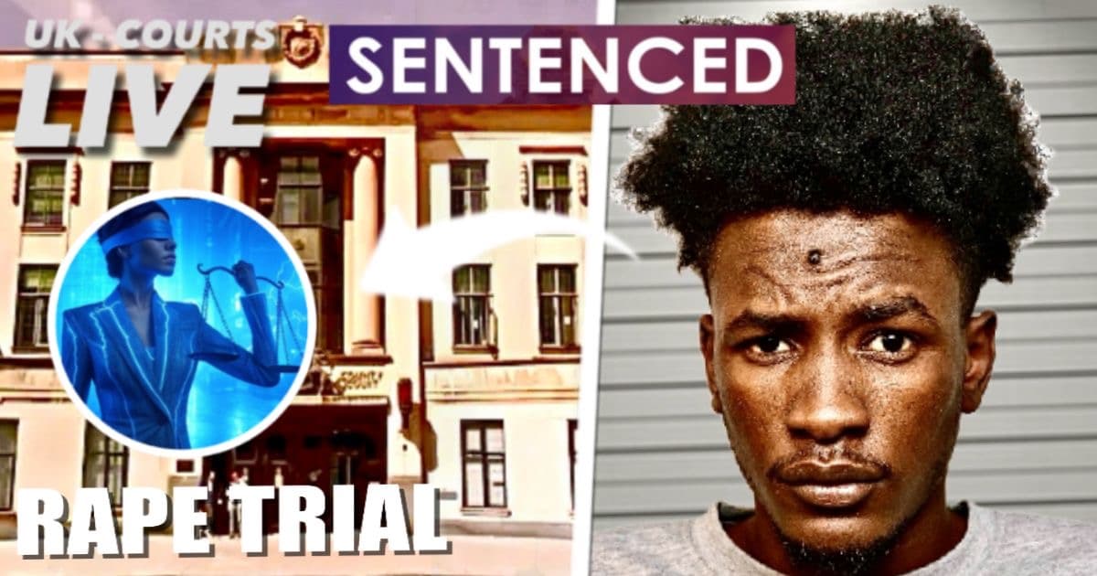 Image of rapist to right, court to left, in a striking professional Video Production News thumbnail. 