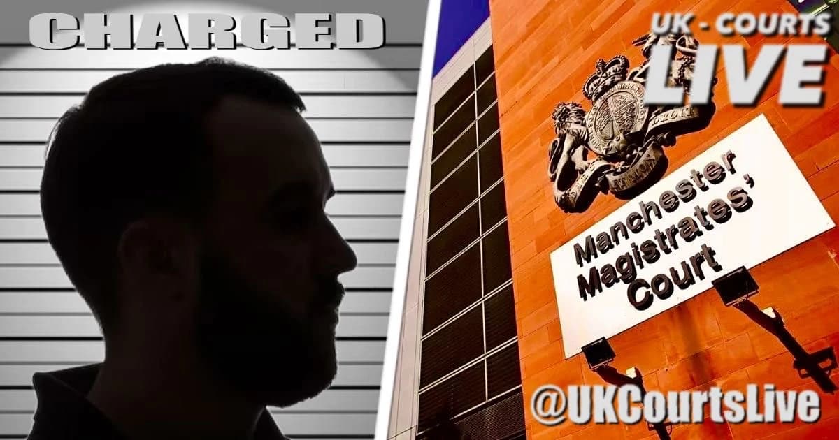 Professional Video Production News thumbnail featuring Manchester Magistrates Court exterior and silhouette representing suspect
