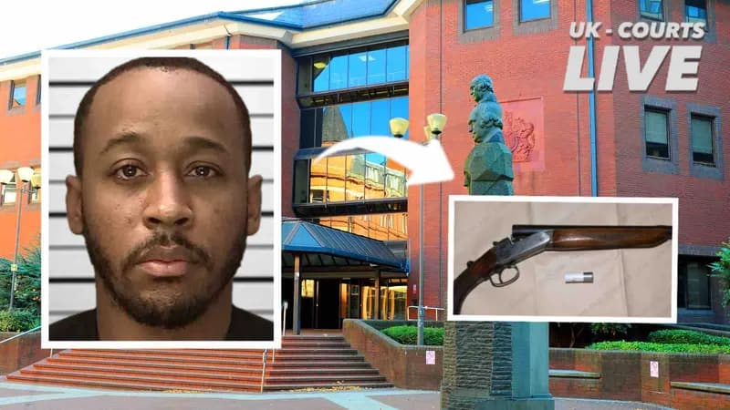 Video Production News thumbnail showing jailed gunman in front of Birmingham Crown Court