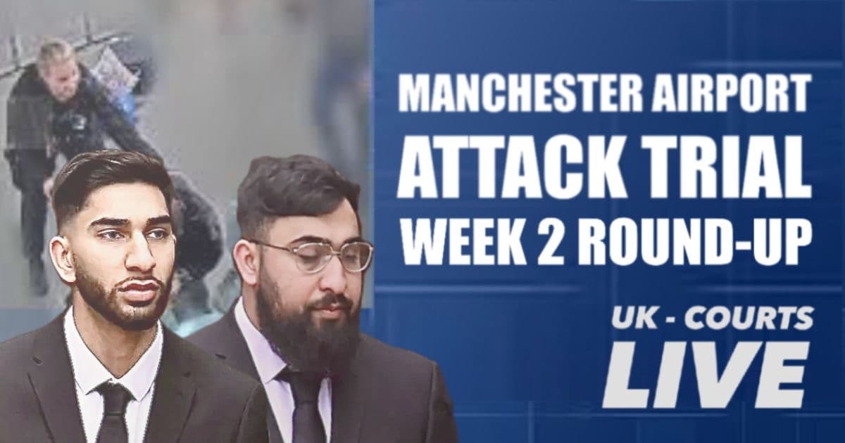Professional Video Production News London news card thumbnail with pictures of Manchester Airport Attack defendants, striking blue background and clear news title TRIAL WEEK 2 ROUNDUP