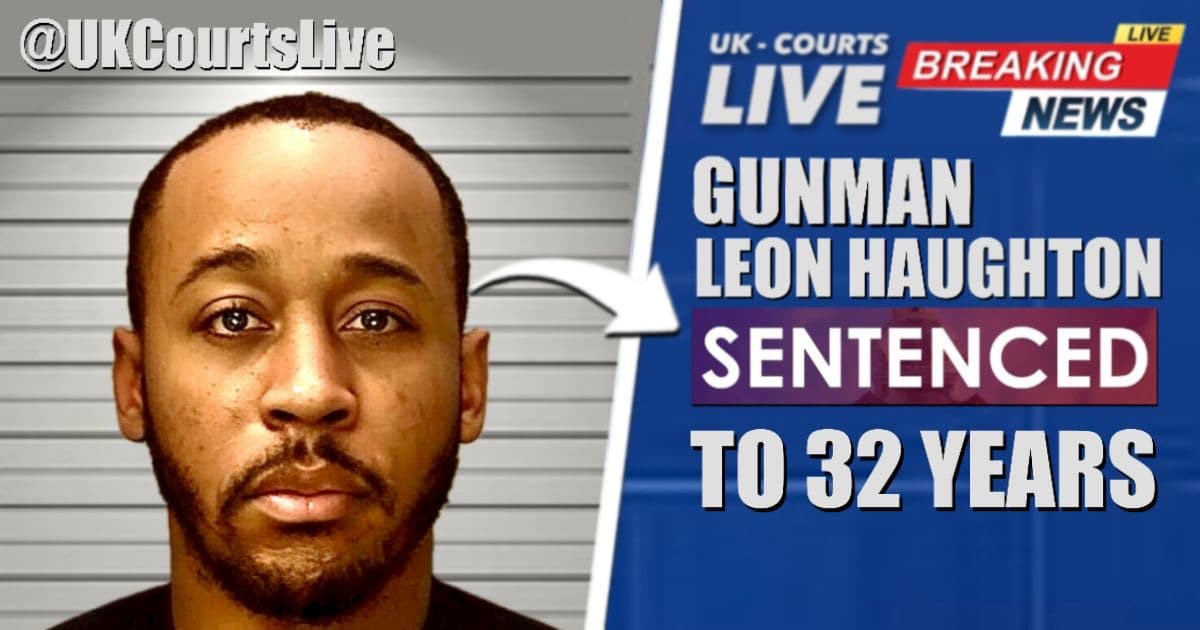 Video Production News thumbnail with custody photo of gunman to left and headline to right against a blue background 