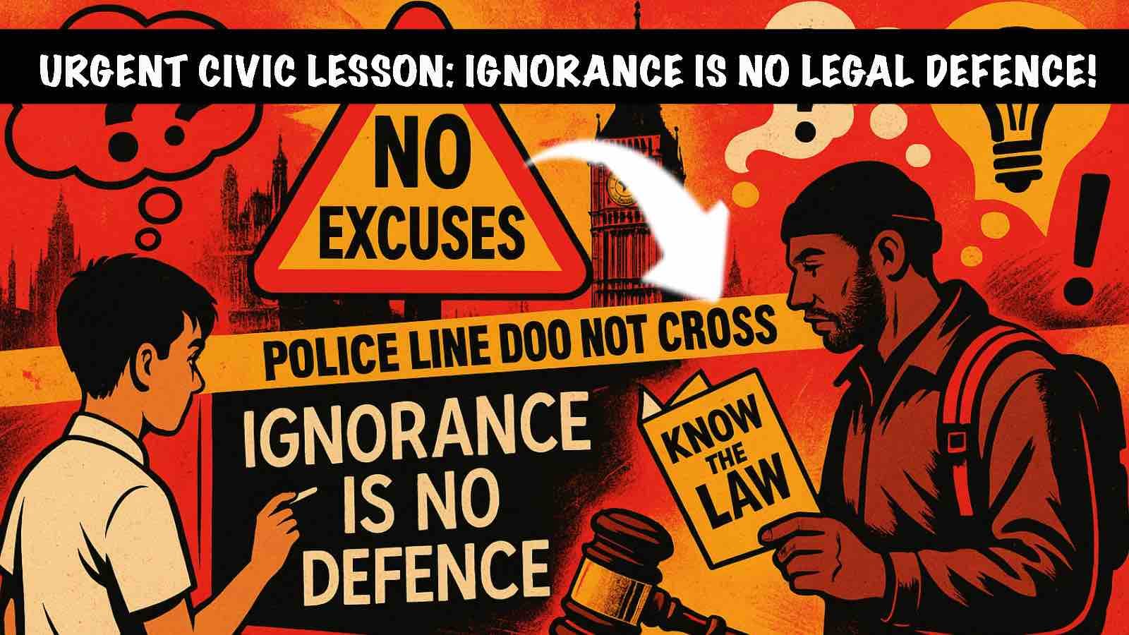 Collage-style image showing a UK school pupil, a migrant reading legal guidance, a judge’s gavel, and road signs symbolising the message that ignorance of the law is no defence. Bold colours highlight civic responsibility and legal awareness.