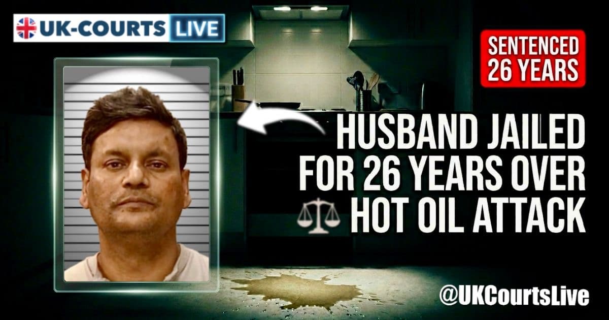 Professional Video Production News 8k cinematic news thumbnail featuring custom enhanced custody photo and striking headline HUSBAND JAILED FOR 26 YEARS OVER HOT OIL ATTACK