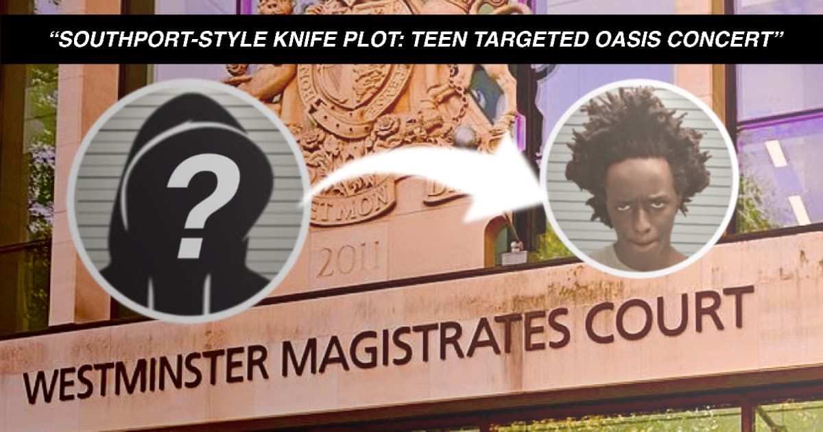 Composite image showing Westminster Magistrates’ Court with hooded teen suspect silhouette and Axel Rudakubana’s mugshot, linked by arrow, in knife plot case.
