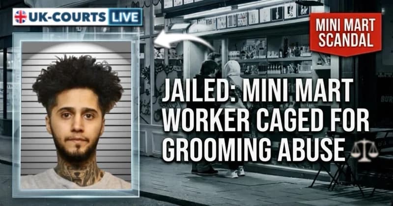 Cinematic news thumbnail with child rapist Bawan Harwe & a mini-mart. 