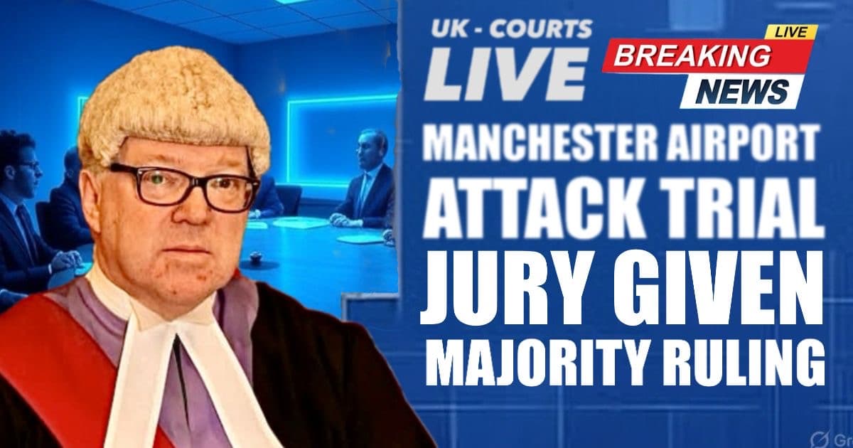 Professional news thumbnail featuring striking image of Judge Flewitt and text to convey Jury May Reach Majority Verdict in Airport Assault Trial