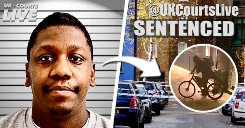 Police mugshot of Jazz Reid alongside CCTV footage of a gunman on an e-bike with a delivery rucksack. Text: "@UKCourtsLive SENTENCED."
