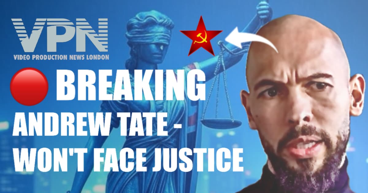 Bold thumbnail graphic featuring Andrew Tate with a stern expression, set against Lady Justice holding scales. A red communist star with a hammer and sickle is positioned above Tate’s head with a white arrow pointing toward it, suggesting a Russian asylum link. Headline text reads: “🔴 BREAKING — ANDREW TATE WON’T FACE JUSTICE,” with the VPN (Video Production News London) logo in the top left. 
