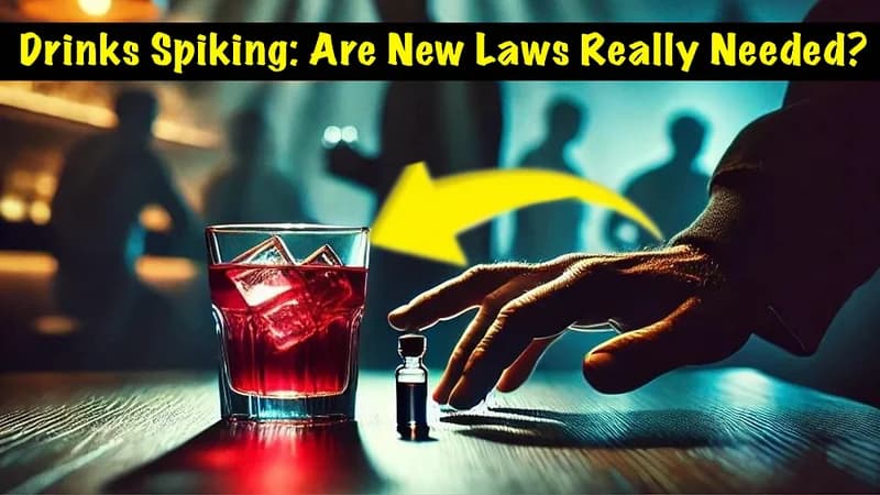 In a nightclub setting, a hand reaches towards a vial next to an unguarded drink.