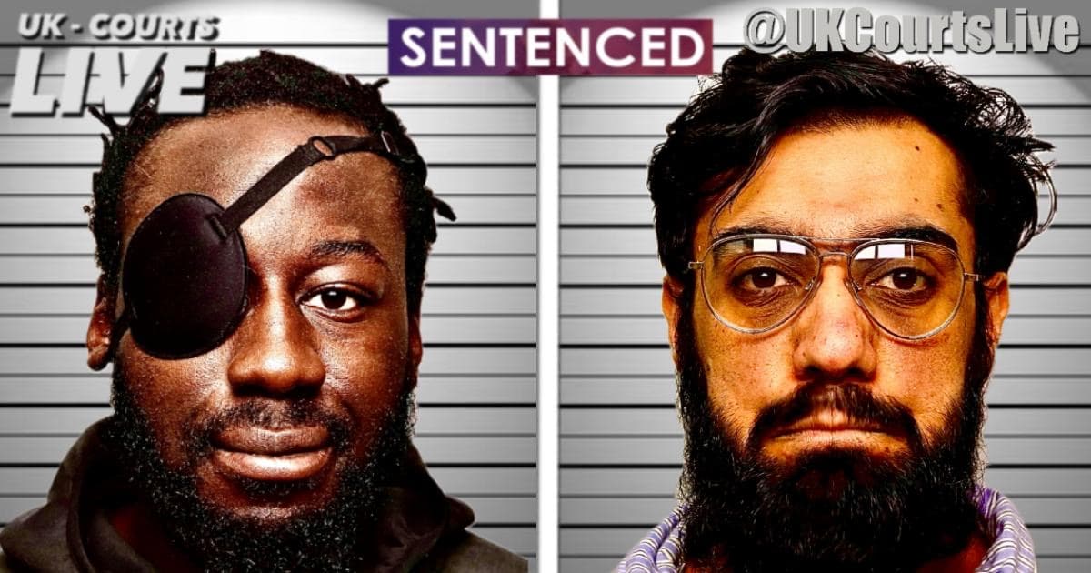 Professional Video Production News thumbnail featuring air bnb sex attack duo against a police mugshot lines background 