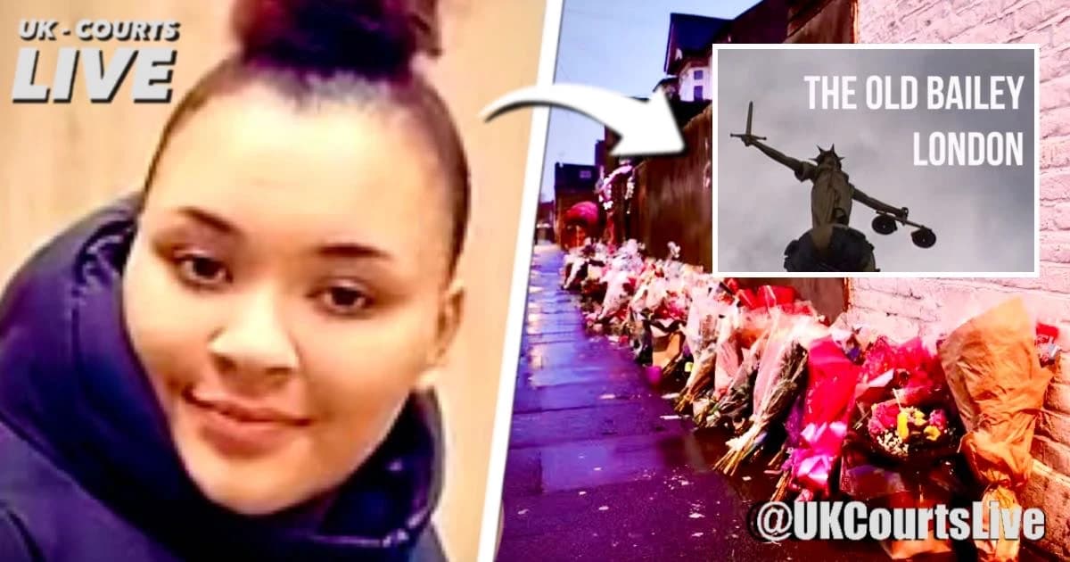 Teenage victim Tanesha Melbourne-Blake, 17, pictured left – killed in 2018 Tottenham drive-by. Right: floral tributes at scene & Old Bailey justice statue. Gang revenge murder trial now underway.