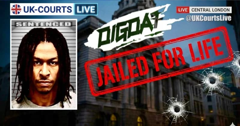 A landscape graphic of the Old Bailey with a bullet-hole effect over the image and a red "JAILED FOR LIFE" stamp, leaving space for a portrait.