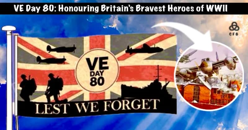 VE Day 80th anniversary tribute image featuring Union Jack flag with silhouettes of WWII soldiers, aircraft and naval ships, and an inset of RAF Mosquito bombers during Operation Jericho raid—captioned ‘Lest We Forget’ against a dramatic sky background.