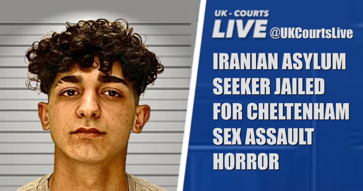 UK Courts Live mugshot thumbnail of Iranian asylum seeker Abdolrahman Banafsha jailed 27 months for Cheltenham sexual assault horror at Bristol Crown Court, bold headline overlay.