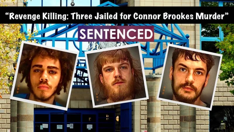 Three suspect mugshots in angled Polaroid-style frames lined up across a backdrop of Wolverhampton Crown Court – striking...