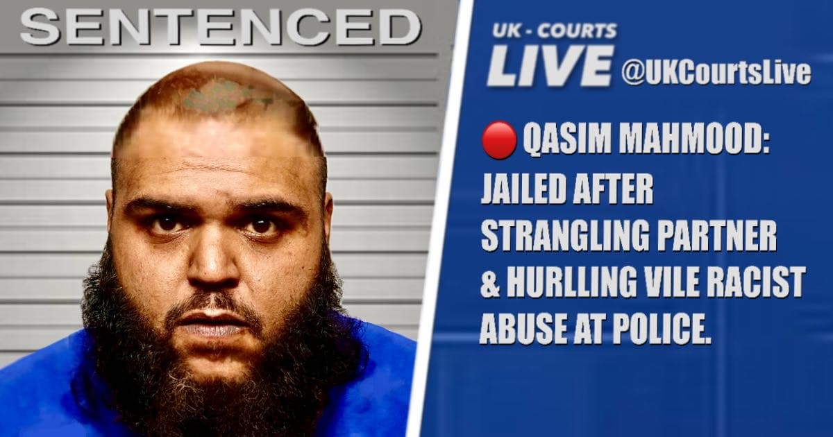 News graphic for Qasim Mahmood featuring a 27-month jail counter and the text: "VILE GRIP: BRADFORD STRANGLER JAILED."