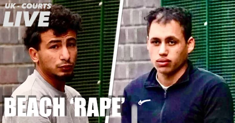Thumbnail showing two men’s faces, suspects in Brighton beach rape, against custody backgrounds with ‘UK Courts Live’ and ‘Beach Rape’ text overlays.
