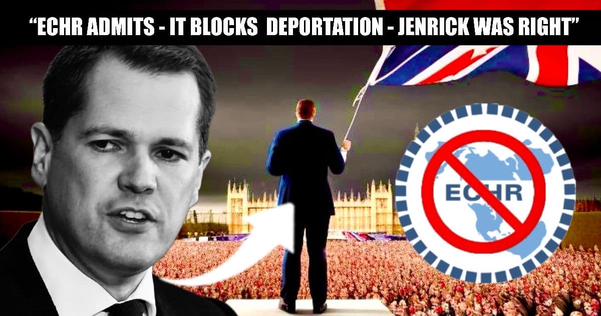 Jenrick leads the charge: crowd-backed call to scrap ECHR grows as Europe admits it’s blocking deportations. ECHR logo with a big red cross through it as Jenrick slams outdated rules.