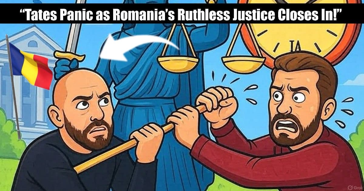 Dramatic cartoon news thumbnail showing Andre Tate wrestling with justice in Romania 