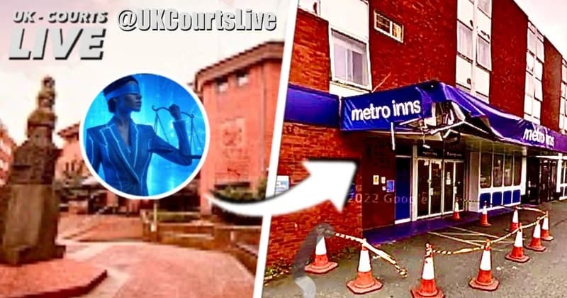 Professional Video Production News thumbnail featuring hotel crime scene and Birmingham Crown Court
