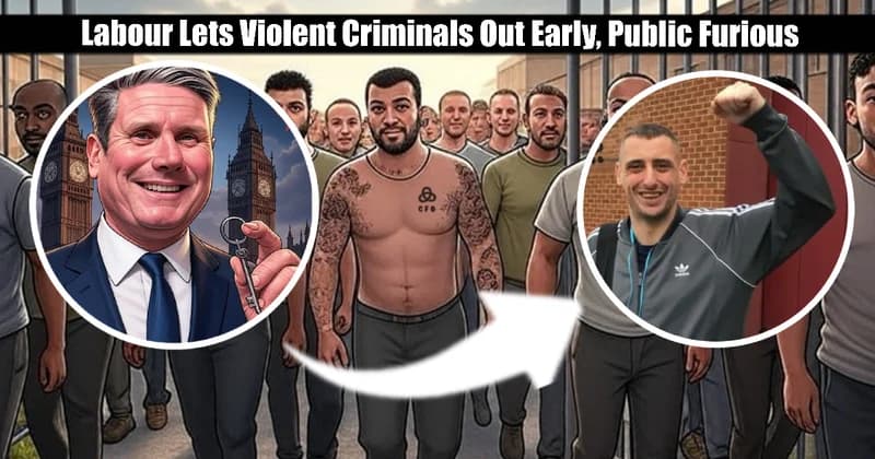 Cartoon-style thumbnail image showing Labour leader smiling while holding a prison key, flanked by Big Ben, with a crowd of muscular, tattooed men in prison attire walking out of open gates. A cheerful man in a tracksuit raises his fist in triumph. Bold headline above reads: Labour Lets Violent Criminals Out Early, Public Furious. The image symbolises Labour’s controversial early release policy for violent offenders.