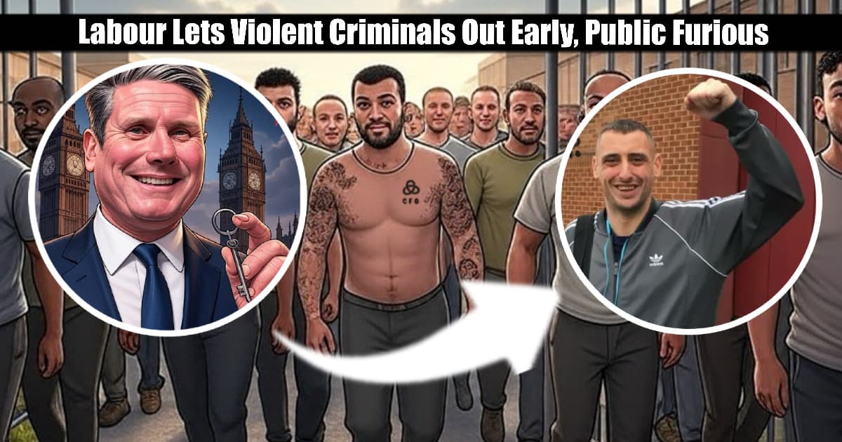 Cartoon-style thumbnail image showing Labour leader smiling while holding a prison key, flanked by Big Ben, with a crowd of muscular, tattooed men in prison attire walking out of open gates. A cheerful man in a tracksuit raises his fist in triumph. Bold headline above reads: Labour Lets Violent Criminals Out Early, Public Furious. The image symbolises Labour’s controversial early release policy for violent offenders.