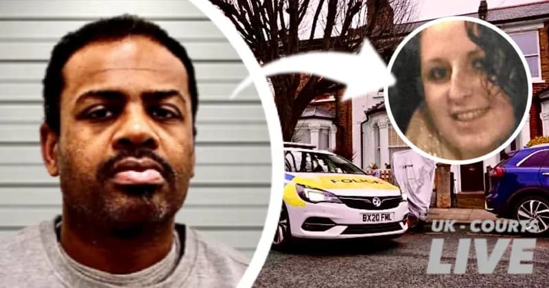 Striking professional news thumbnail featuring custody photo of suspect to left and victim to the right.