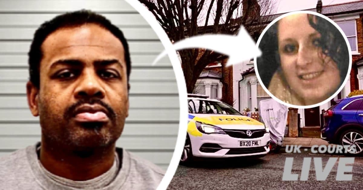 Striking professional news thumbnail featuring custody photo of murderer to left and victim to the right. 