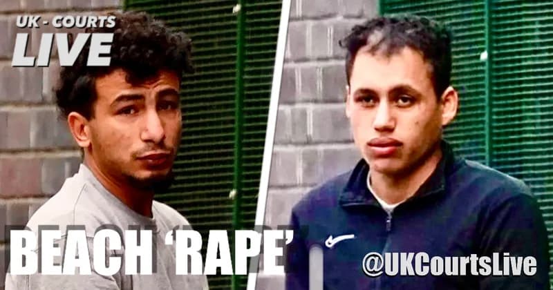 Suspects Karin Al-Danasurt, Ibrahim Alshafe, Abdulla Ahmadi in grey tracksuits at Lewes Crown Court for Brighton beach rape case.