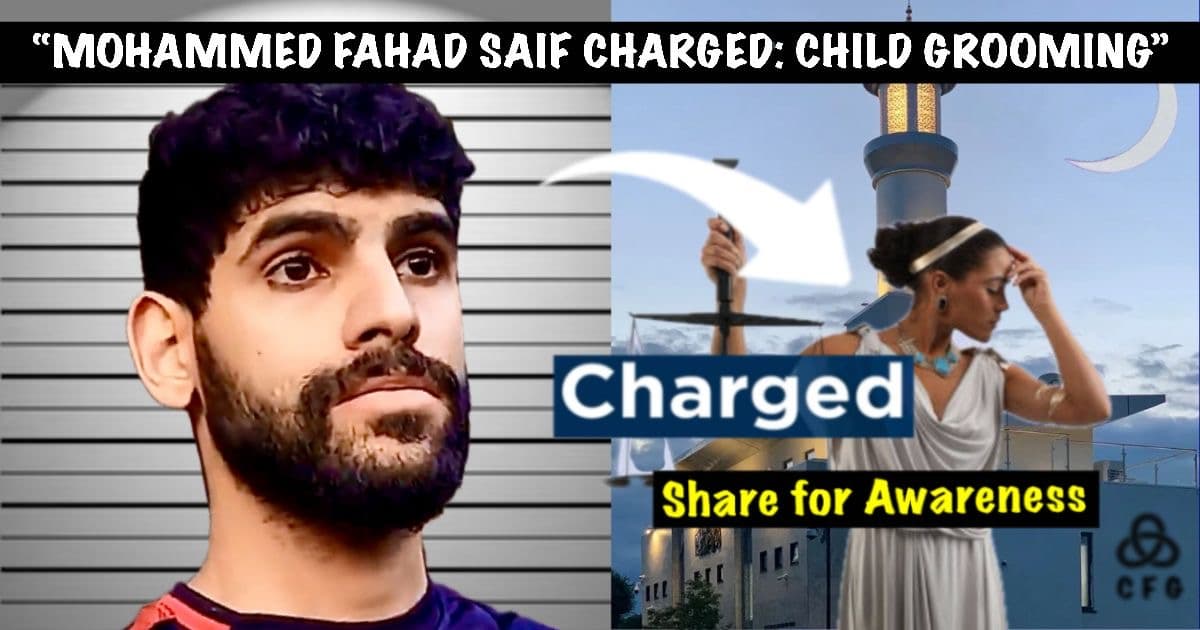Alleged child groomer Mohammed Fahad Saif on left with Lady Justice on the right 