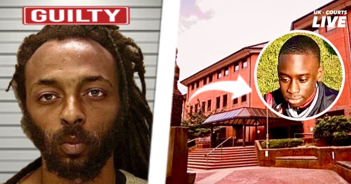 Images of killer, court and victim in a professional news article promotional thumbnail image. 