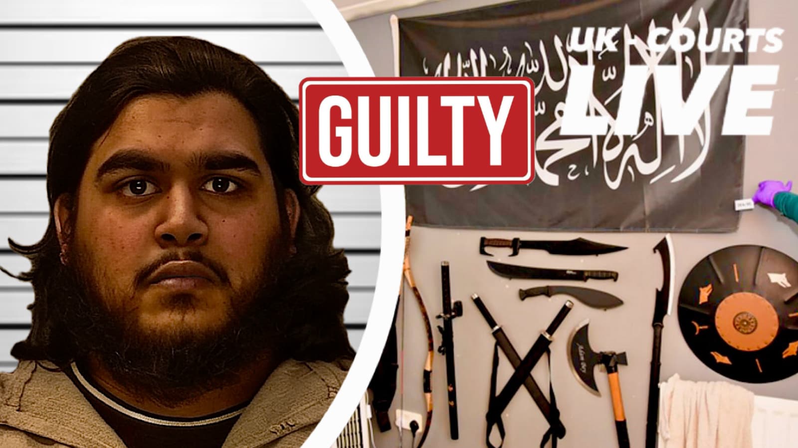 Police mugshot of victim and photo of his bedroom weapons collection & large shahada islamist flag