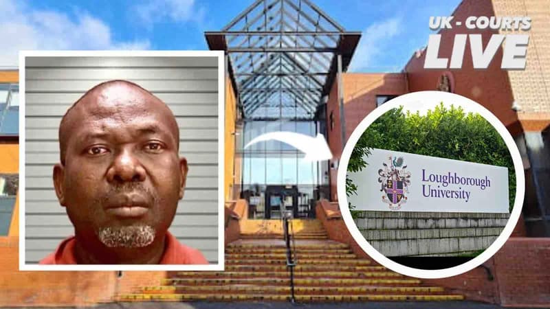 Jailed Ugandan defendant and UK gov scholarship Loughborough University student in front of images of Leicester Crown Court