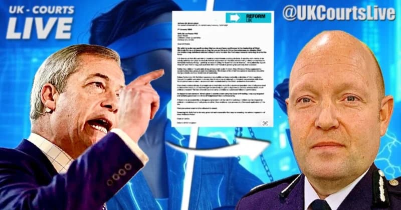 Professional Video Production News somehow now featuring reform parties Nigel Farage pointing at West Midlands police chief in an accusatory manner