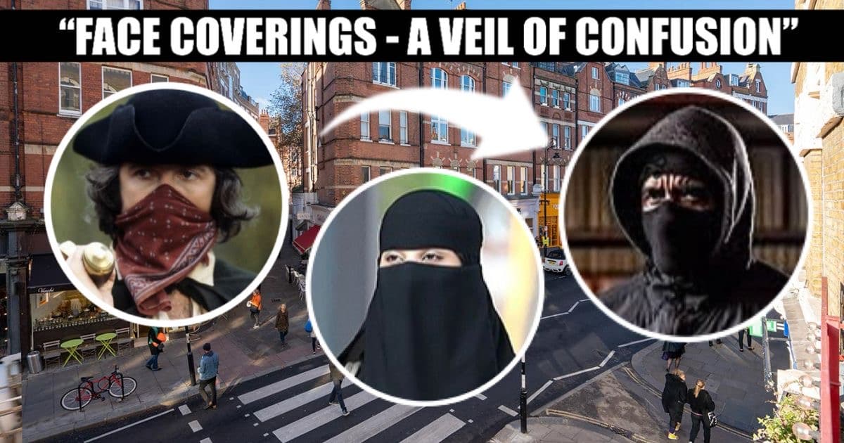 Image shows Dick Turpin, a veiled woman, and a masked teen criminal on a London street—symbolising 300 years of disguise-enabled crime. It’s time to unmask Britain for good.