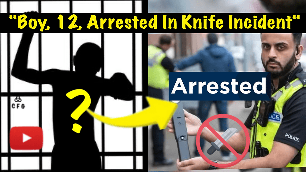 Silhouette representing suspect on left panel, police officer displaying a seized knife in right panel