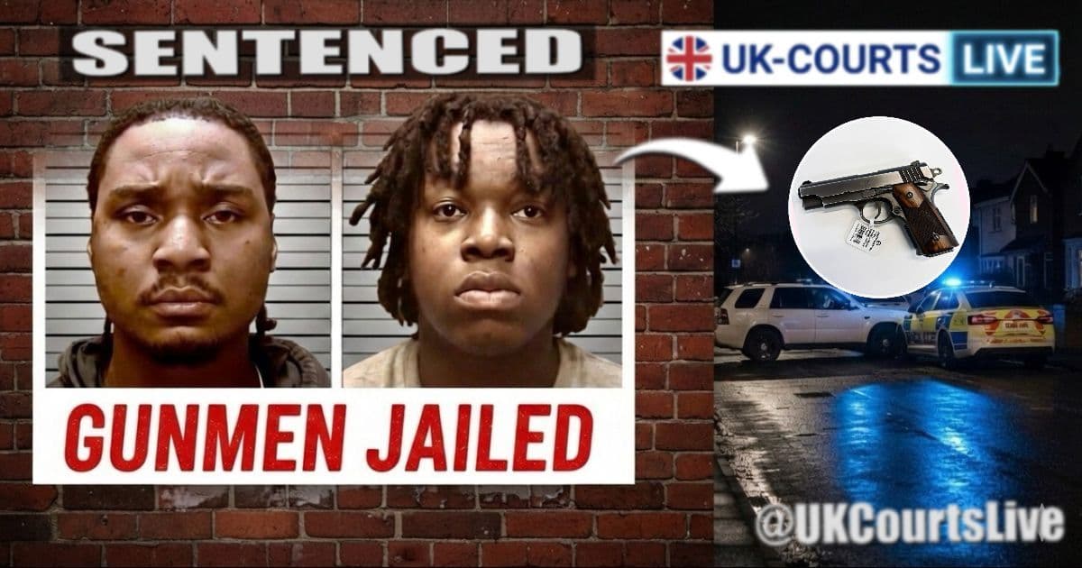 A high-impact 16:9 landscape social media thumbnail for a news report. The left side features a gritty dark brick wall with a large, clean white rectangular area containing two prominent, highly detailed police mugshots of two young men, shown side-by-side. Above the mugshots is a bold black banner with white text that reads 'SENTENCED'. Below the mugshots, large, bold red textured text reads 'GUNMEN JAILED'. The right side of the thumbnail shows a dramatic nighttime scene of a white SUV being boxed in by several police cars with bright blue emergency lights flashing on a wet residential street. In the bottom left corner, the text 'Operation Redfox' is visible. The composition is designed for clarity on small mobile screens.