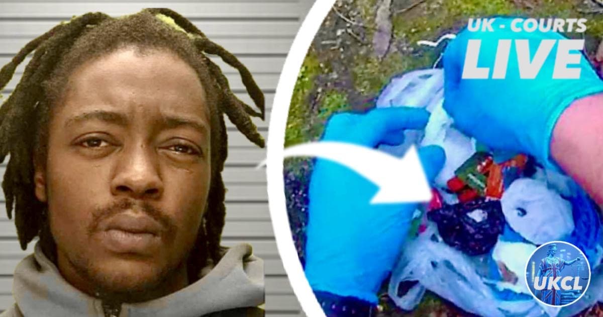 Drug dealer (police custody photo) and evidence photo of uncovered drugs stash. 