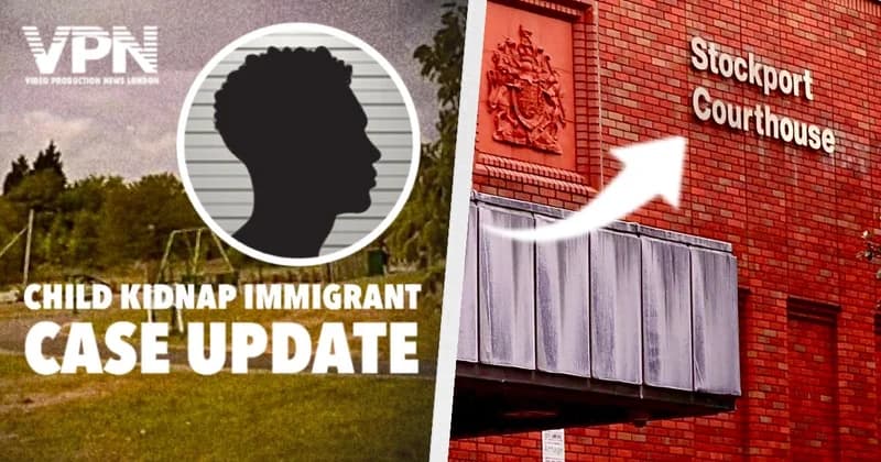 Professional Video Production News thumbnail image in two panels with headline CHILD KIDNAP IMMIGRANT CASE UPDATE and left panel image of silhouette representing suspect, in a circular cameo against background photo of past, and in right panel, Southport Magistrate’s Court, where Edris Abdelrazig was charged.