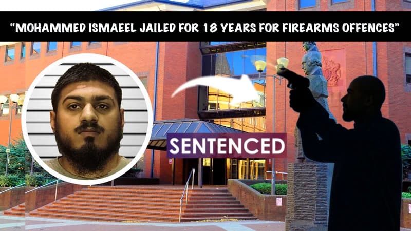 Police image of Jailed gunman Mohammed Ismaeel with a silhouette of a Pakistani man firing a pistol superimposed over a photo of Birmingham Crown Court, telling the story of this crime in a clear, dramatic compelling manner.