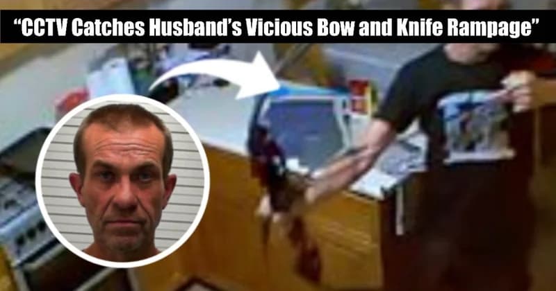 Professional news thumbnail image showing would be suspect who attacked wife with hunting bow and knife